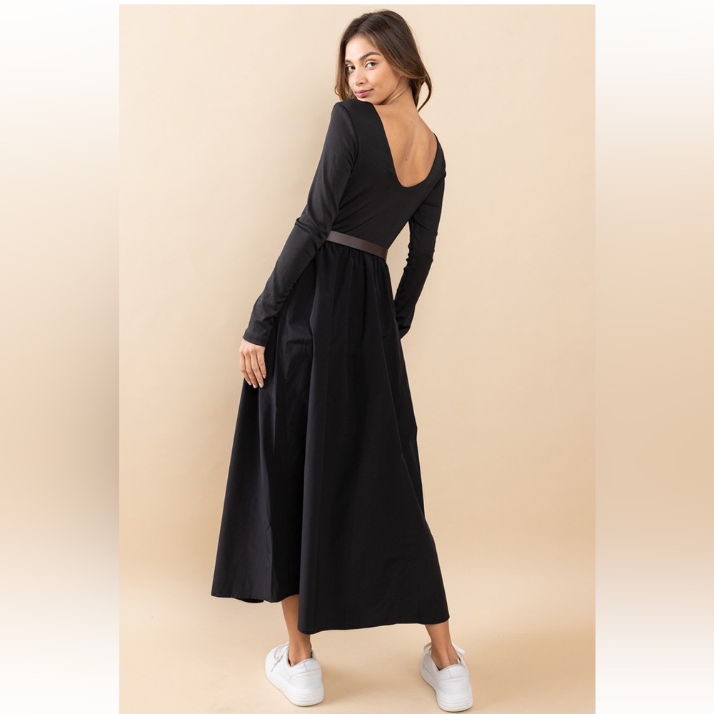 40 Boho Contrast Fabric Long Sleeve Midi Dress - Picture 3 of 4